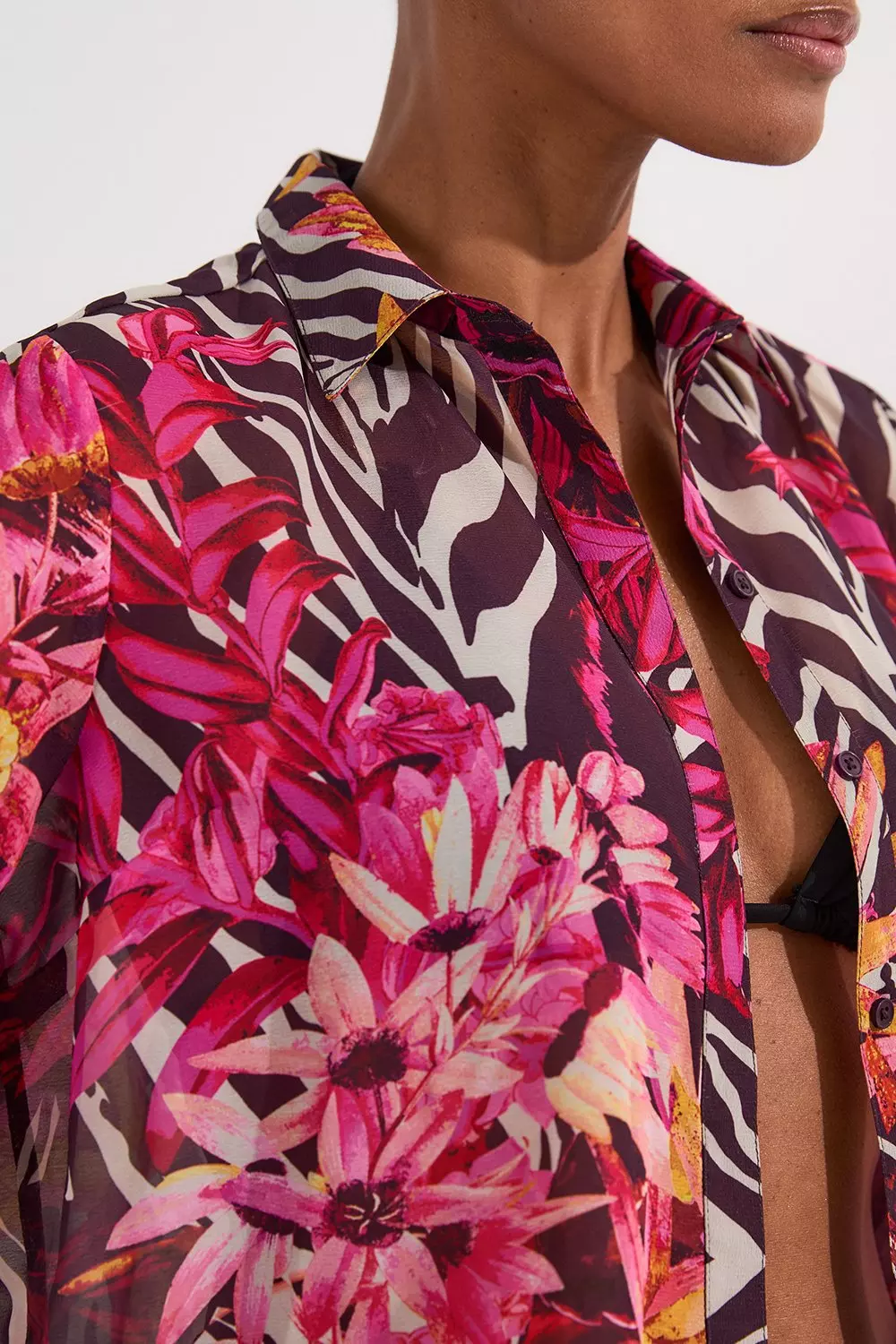 ★Karen Millen★ ビーチトロピカルジョーゼットビーチシャツ Beach Tropical Georgette Beach Shirt | Karen Millen